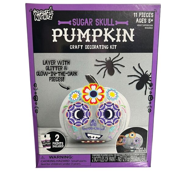 Spooky Nightz Sugar Skull Pumpkin Craft Kit 11pc Halloween Glow Glitter DIY Ages - Picture 10 of 11
